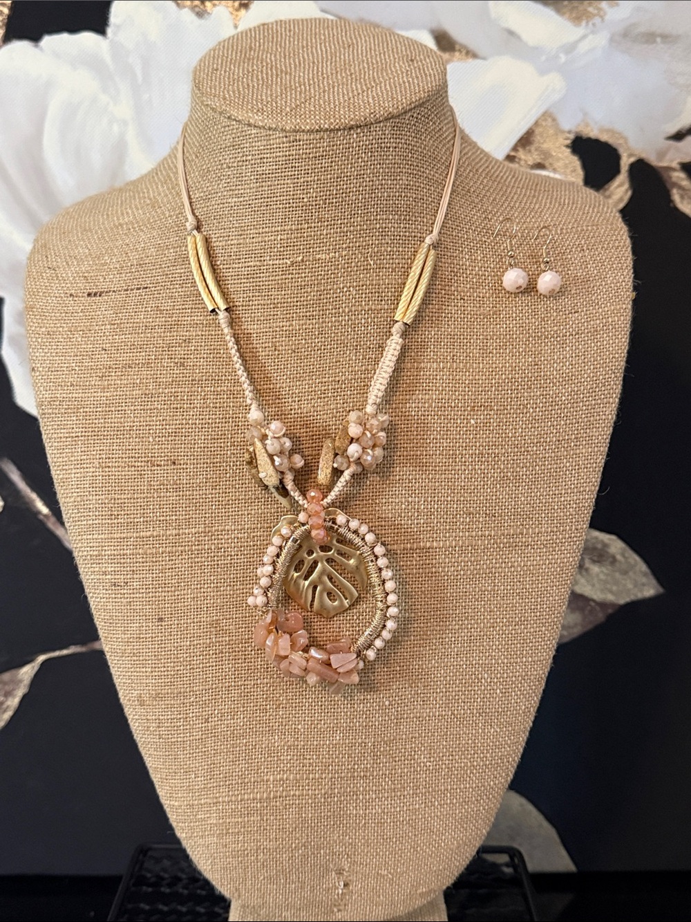 Beaded Pink and Gold Pendant Necklace with Matching Earrings